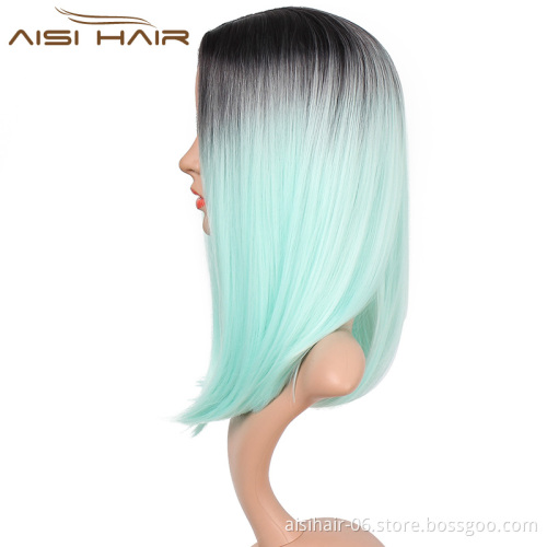 Aisi Hair Wholesale Middle Length Silky Straight Ombre Blue Bob Wig Cosplay Afro Synthetic Bob Wigs For Black Women